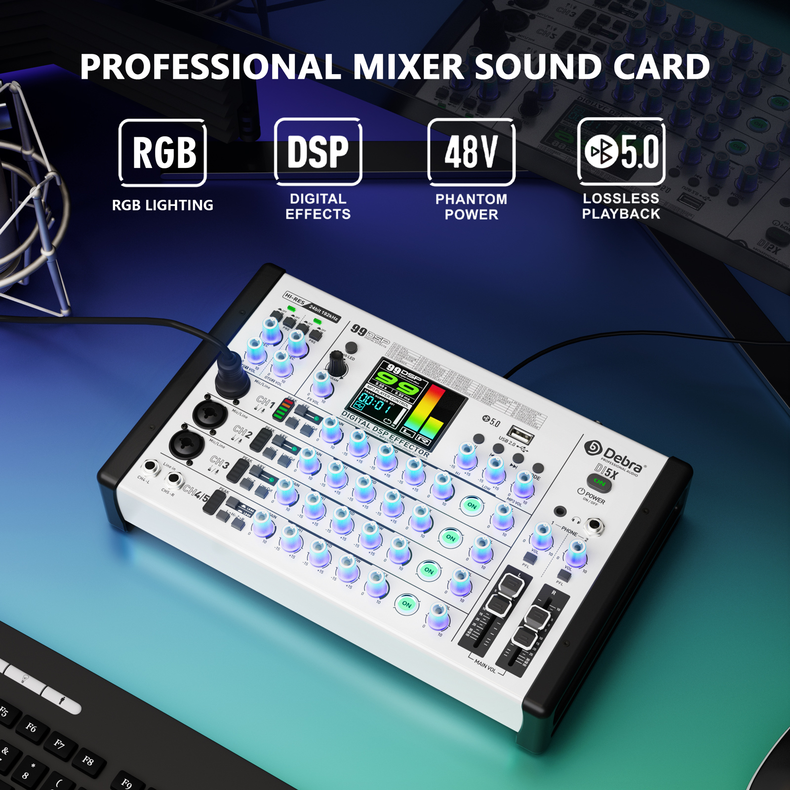 DI5X Audio Mixer & Sound Card &ndash; Dual OTG, 99 DSP Effects, HD TFT Display, 24-bit/192kHz