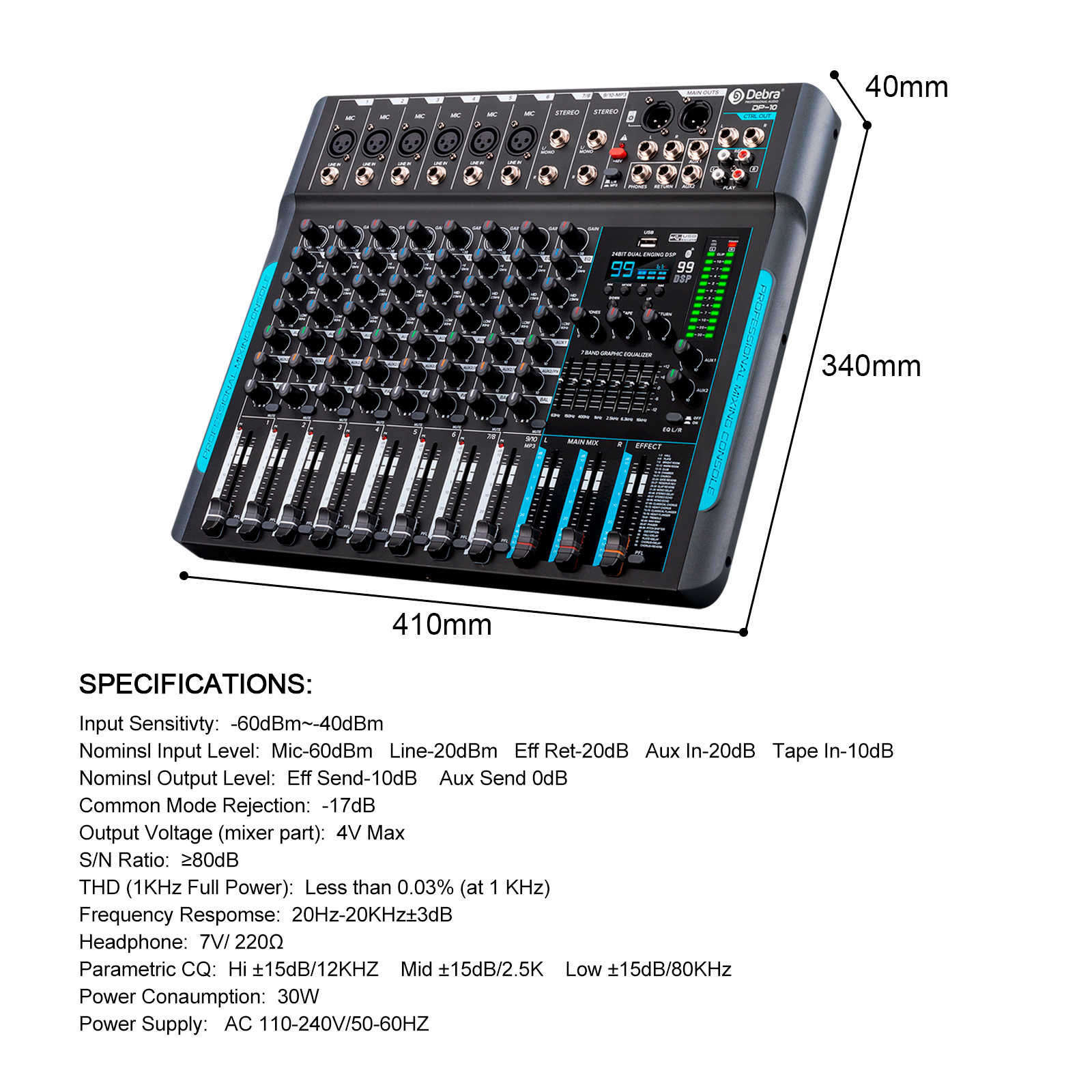 DP-10 Audio Mixer Professional 10-Channel Audio Interface DJ Console