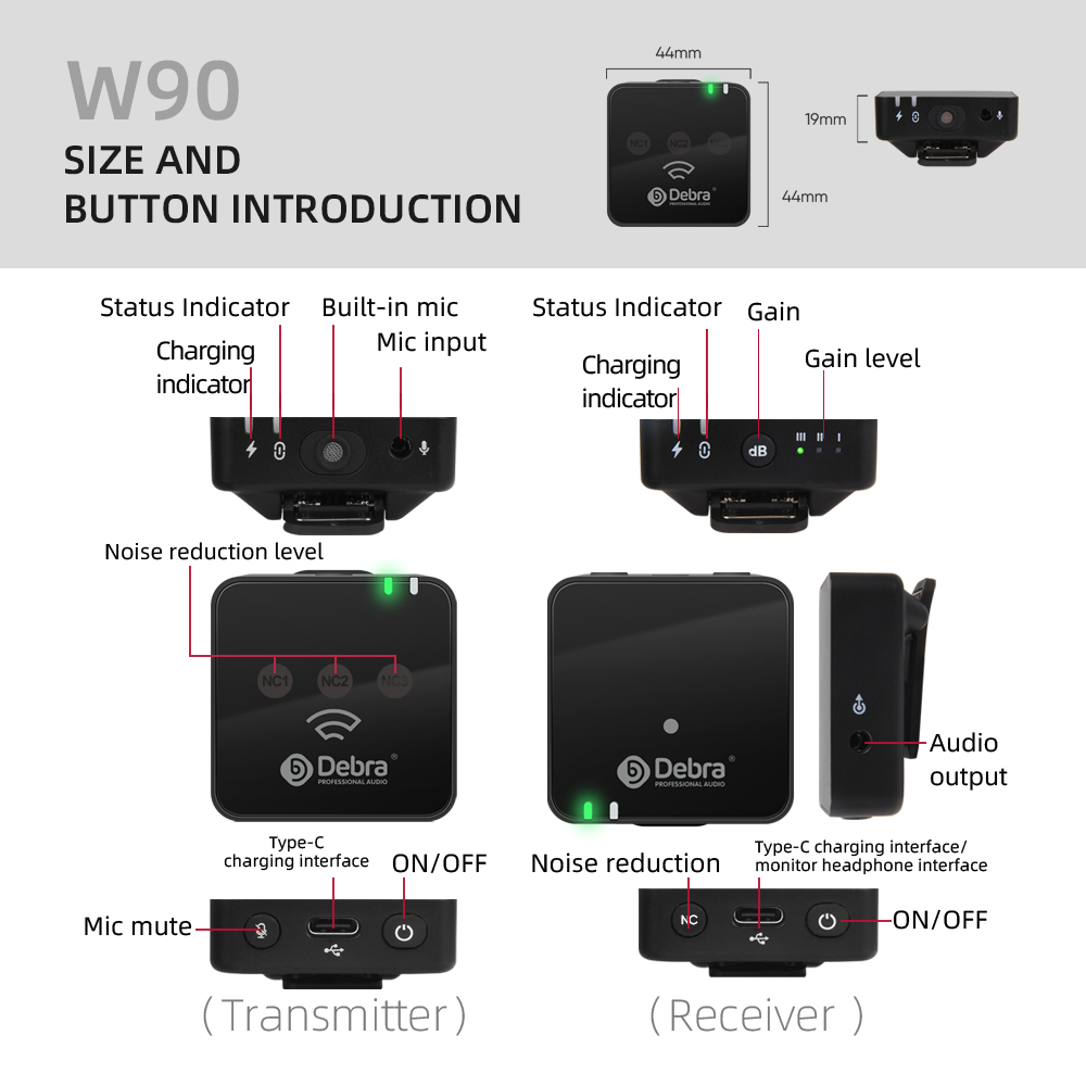 W90 2.4G DSLR camera/smartphone wireless recording microphone
