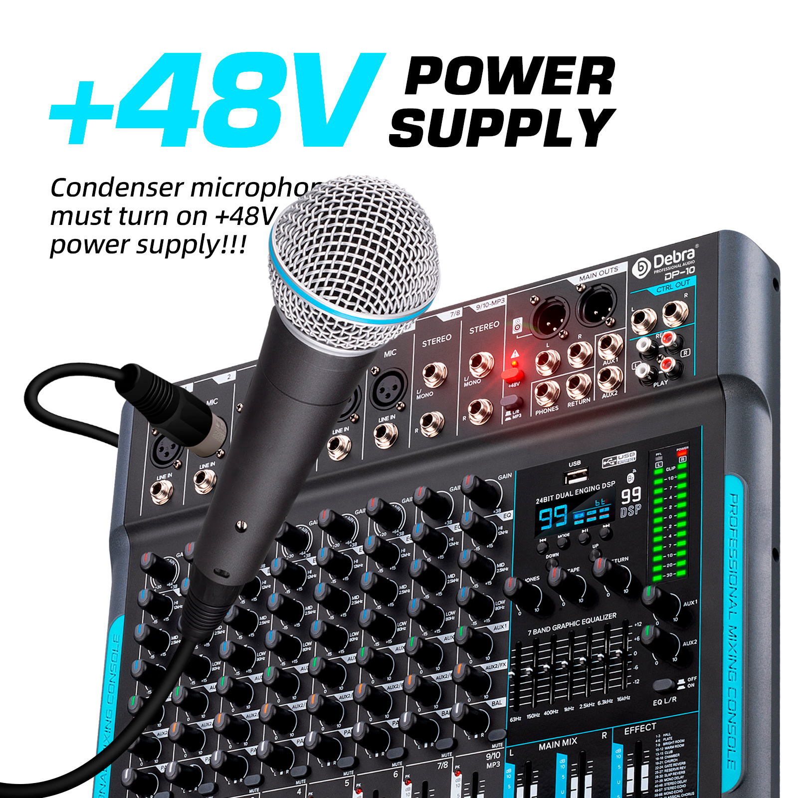 DP-10 Audio Mixer Professional 10-Channel Audio Interface DJ Console
