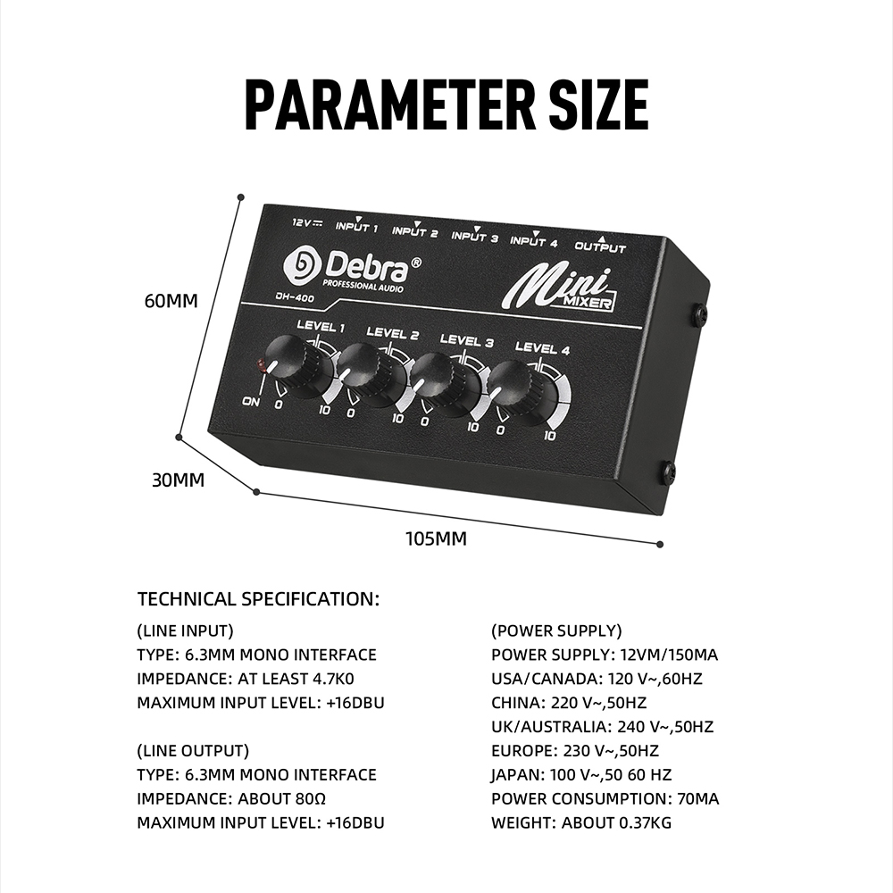 DH400 Portable 4 Channel Audio Mixer