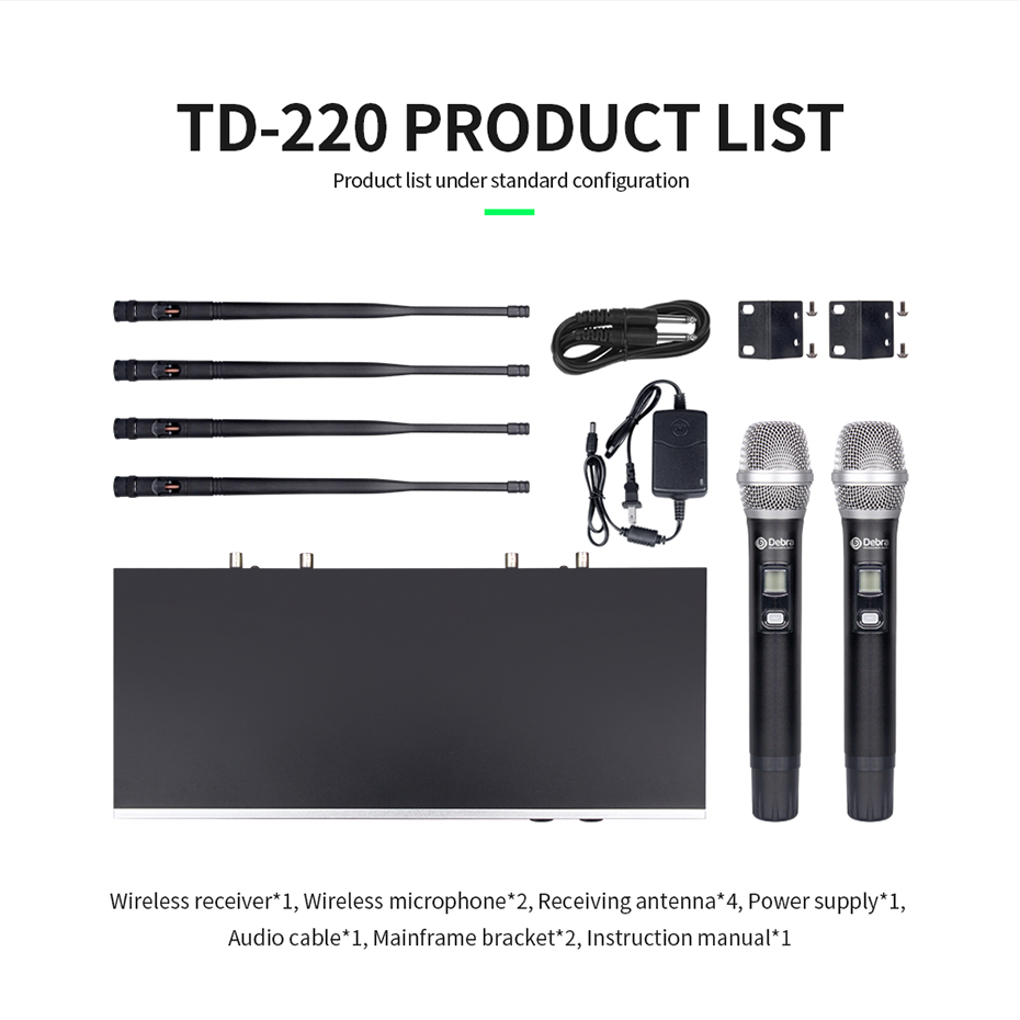 TD-220 Professional True Diversity Wireless Microphone System（2Handheld Mic）