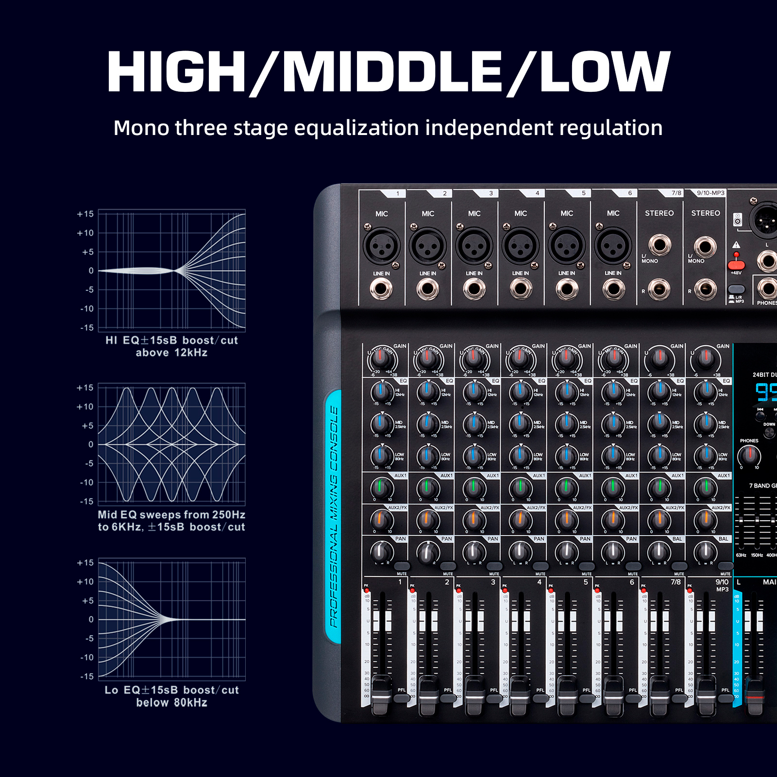 DP-10 Audio Mixer Professional 10-Channel Audio Interface DJ Console