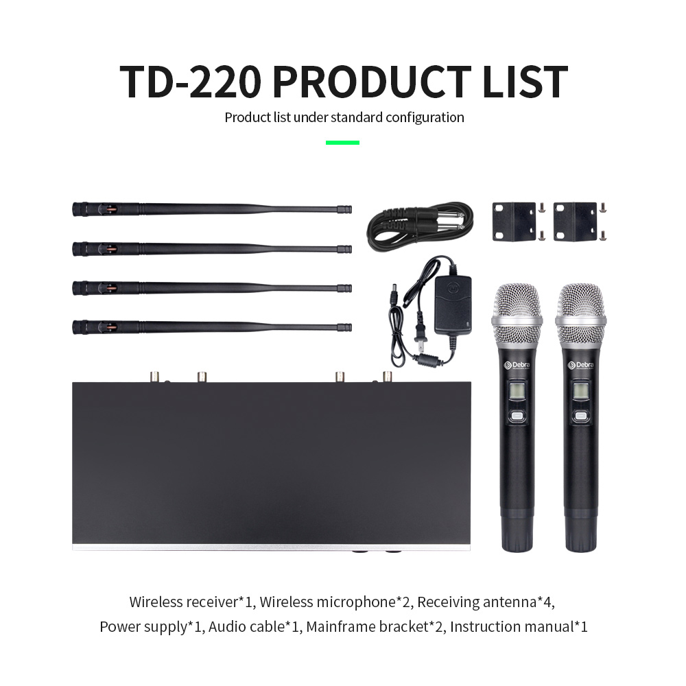 TD-220 Professional True Diversity Wireless Microphone System（2Headset 2lavalier Mic）