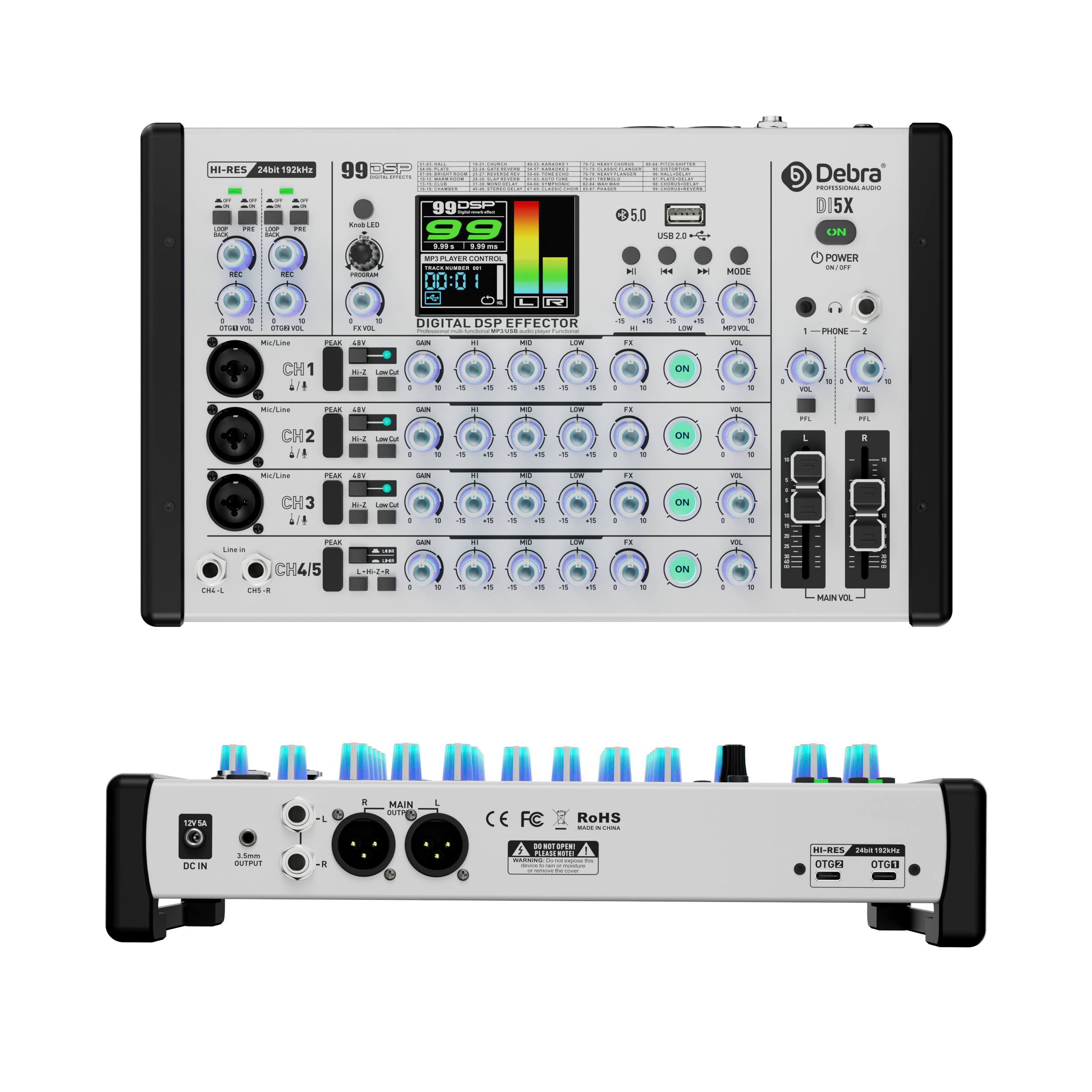 DI5X Audio Mixer & Sound Card &ndash; Dual OTG, 99 DSP Effects, HD TFT Display, 24-bit/192kHz