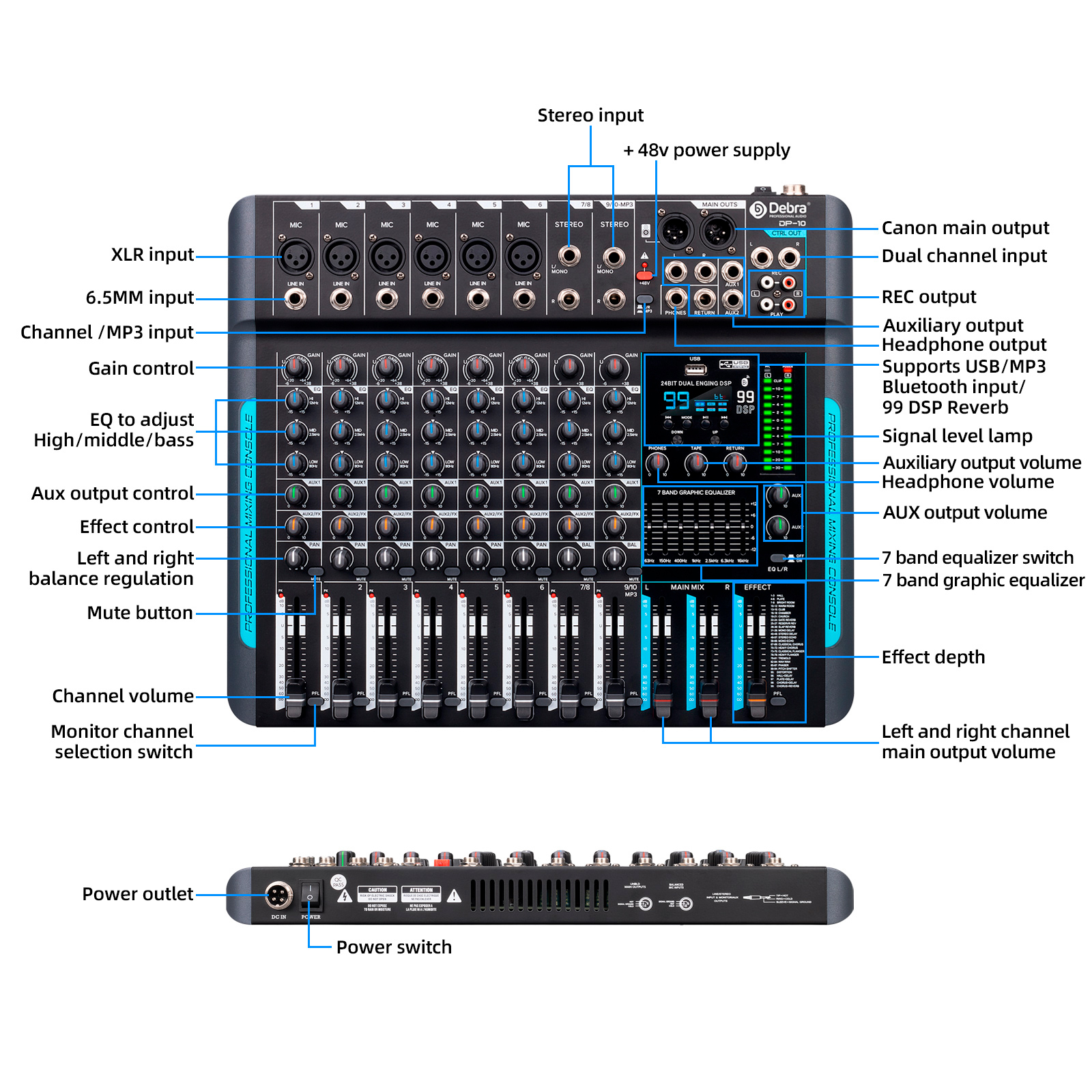 DP-10 Audio Mixer Professional 10-Channel Audio Interface DJ Console